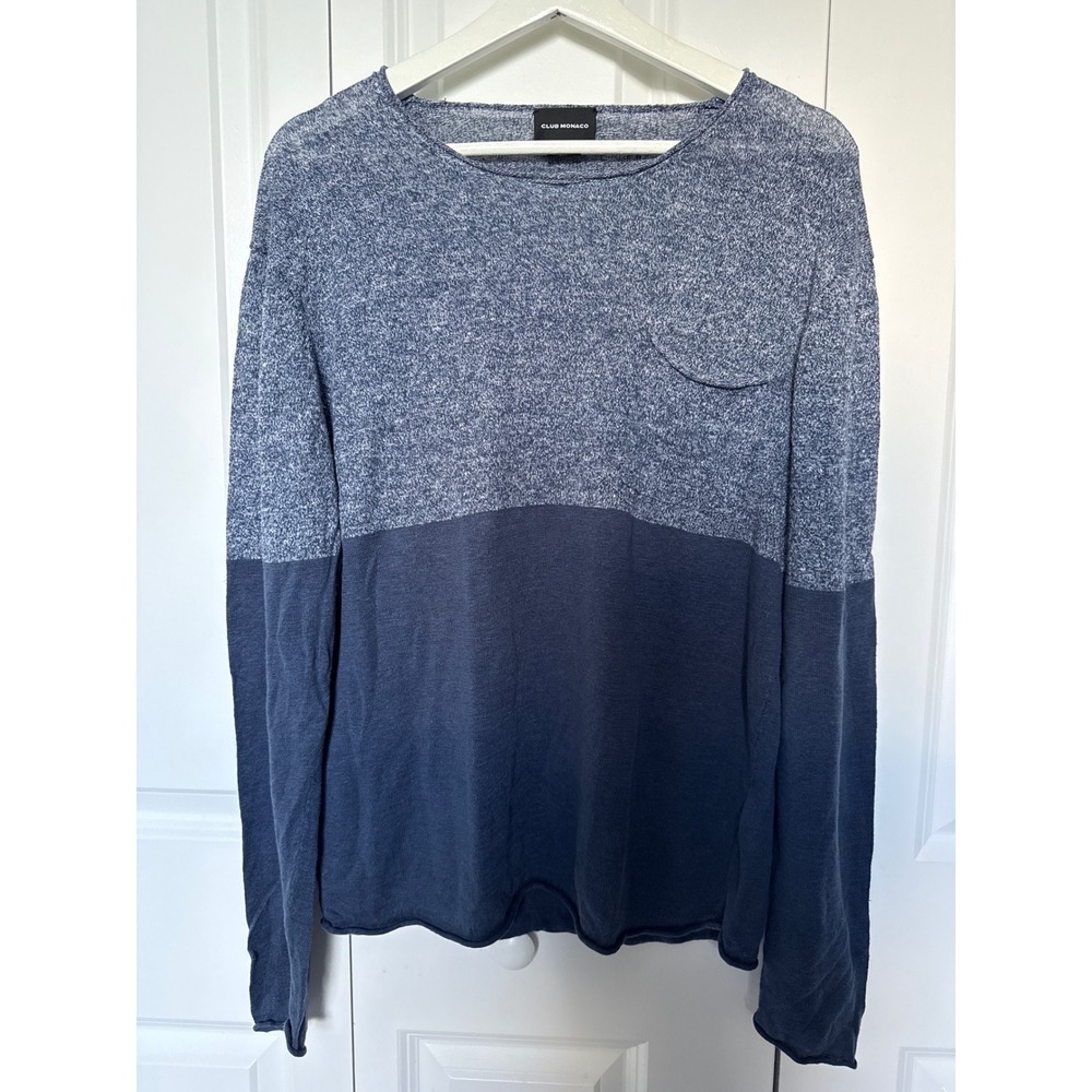 Club Monaco Mens Blue Colorblock 100% Linen Lightweight Knit Sweater Large